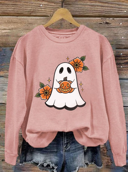 Women's Halloween Cute Pumpkin Boo Print Crew Neck Sweatshirt