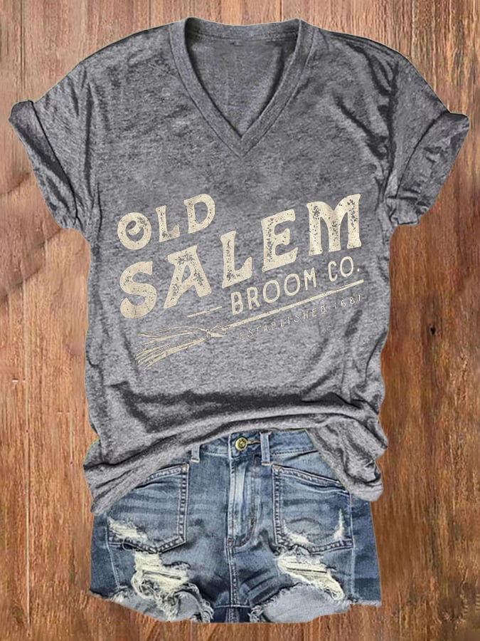 Women's Old Salem Broom Co Print V Neck T-shirt