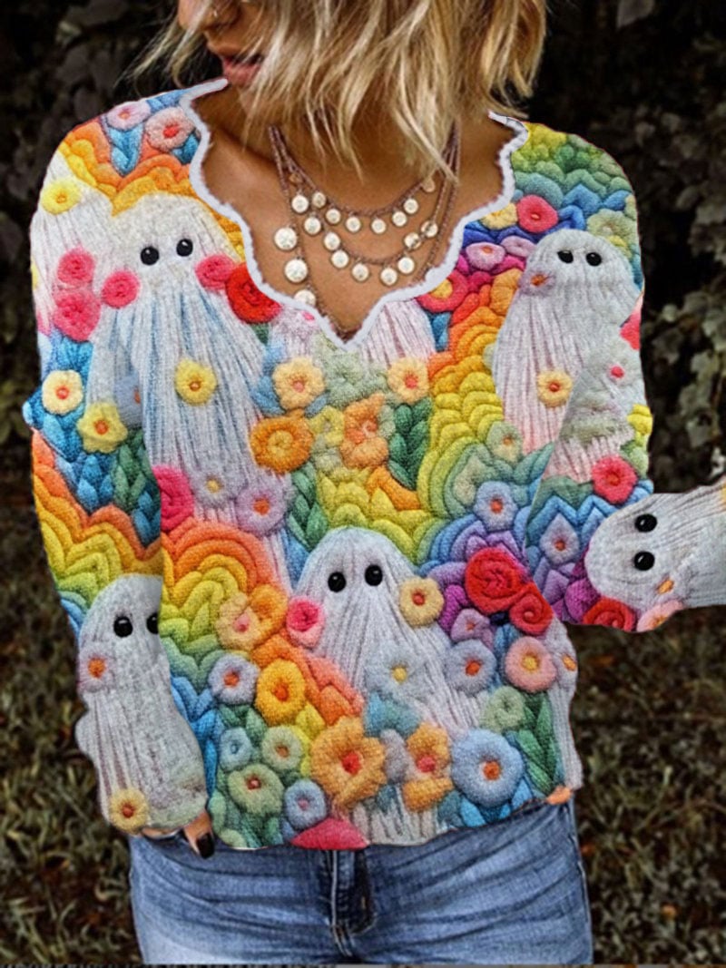 Women's Colorful Ghost Halloween Faux Cashmere V-Neck Top