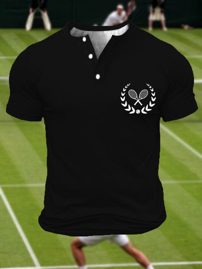 Men's Tennis Lover Printed Henley Collar Button-Up T-Shirt