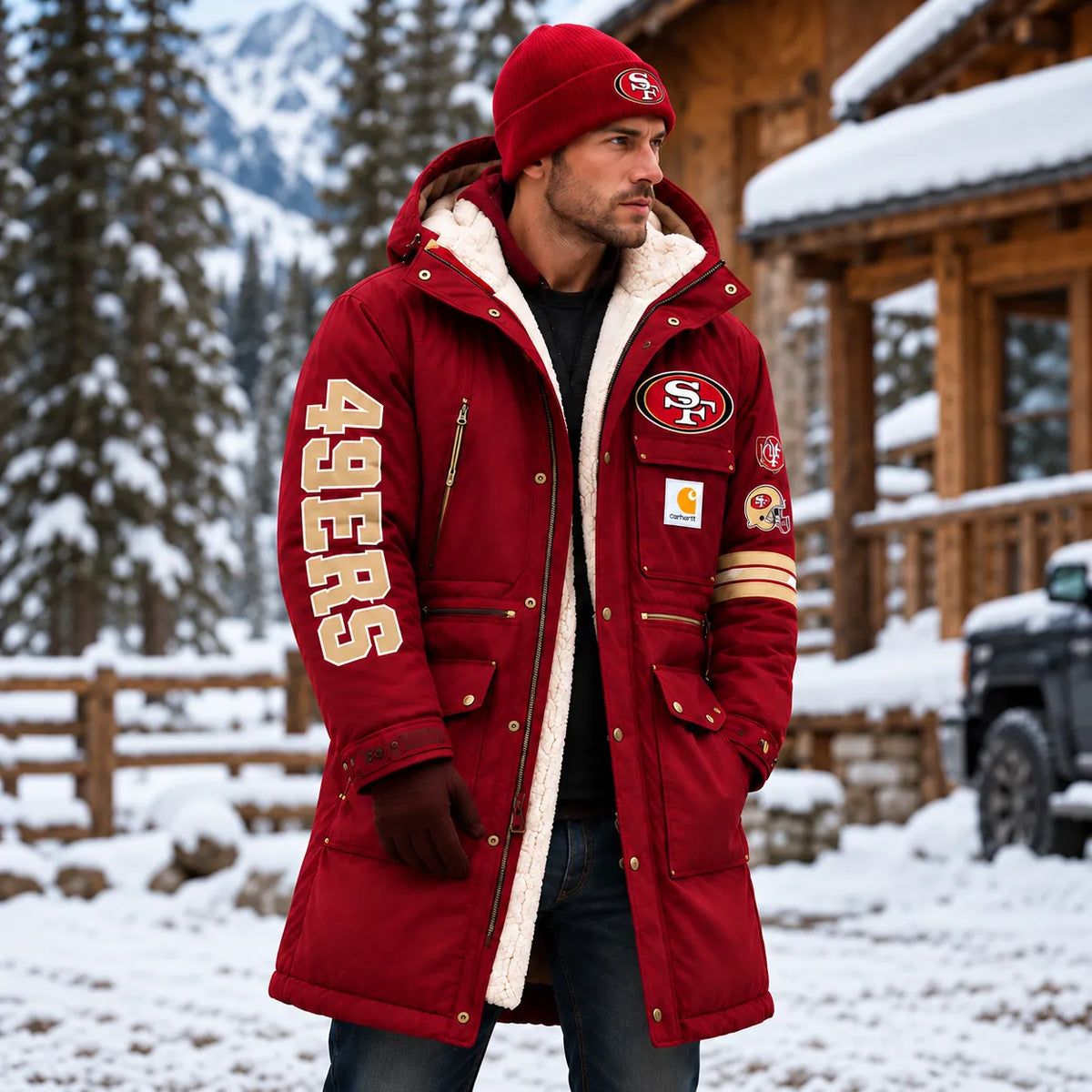 UNISEX SAN FRANCISCO 49ERS BLACK WINTER SHERPA LINED HOODED PARKA JACKET