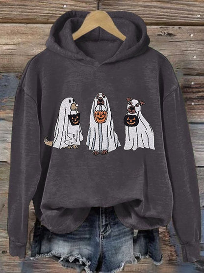 Women's Casual Embroidered Ghost Dogs Halloween Print Hoodie Long Sleeve Sweatshirt