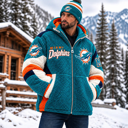 UNISEX MIAMI DOLPHINS SHERPA FLEECE COLORBLOCK HOODED ZIP-UP JACKET