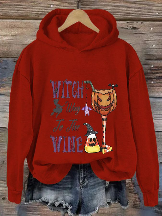 Women's Funny Halloween Witch Way To The Wine Printed Casual Hoodie