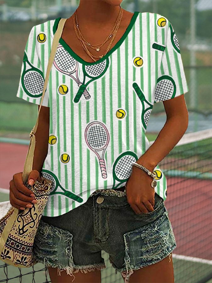 Women's Fun Tennis Print V Neck T-Shirt