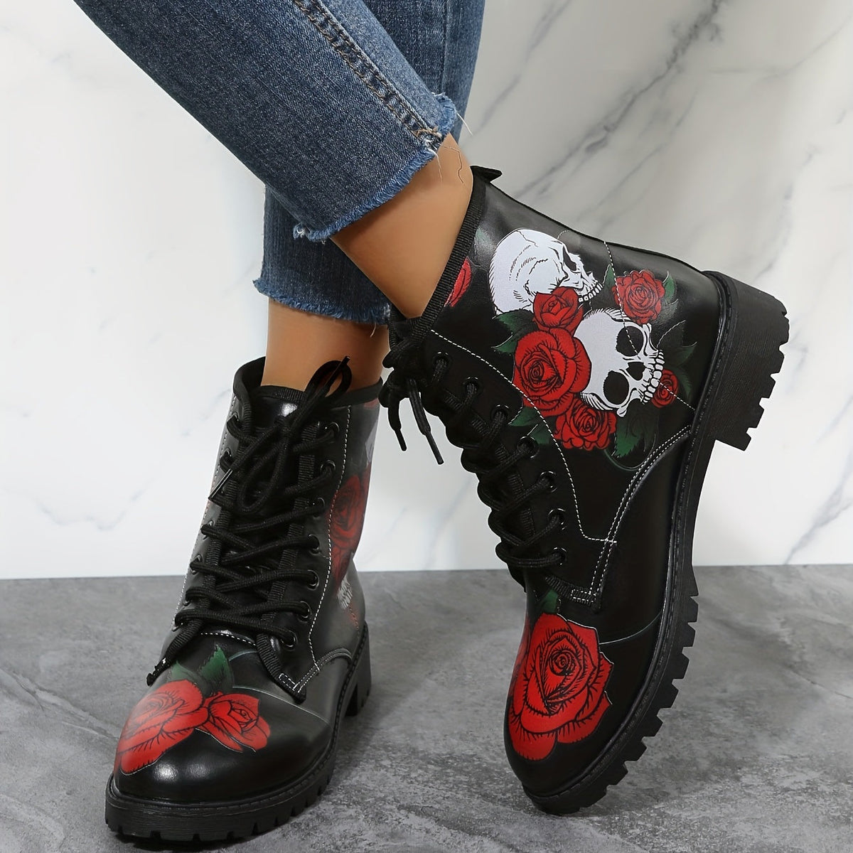 Stylish and Edgy: Women's Rose Skull Print Short Boots – Comfortable Closed Toe Lace-up Ankle Boots for Fashion-forward Women