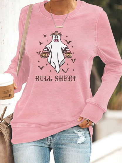 Women's Halloween Bull Sheet Funny Ghost Cows Print Sweatshirt