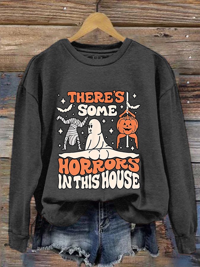 Women's Funny Halloween There's Some Horrors In This House Pumpkin Spooky Mummy Sweatshirt