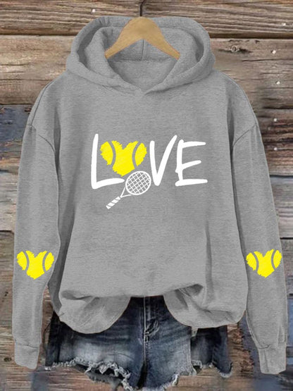Women's love tennis printed casual hooded sweatshirt