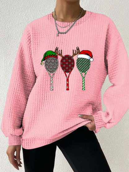 Women's Christmas Tennis Racket Print Waffle Sweatshirt