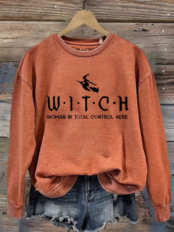 Witch Women In Total Control Here Halloween Print Round Neck Sweatshirt