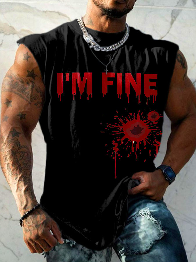 Men'S Bloodstain I'm Fine Printed Sleeveless Tank Top