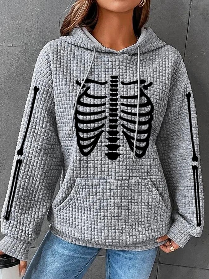 Women's Halloween Skeleton Bones Casual Waffle Hoodie