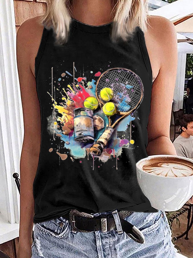 Women's Funny Tennis Print O-Neck Top