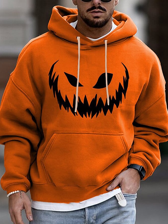 Men's Halloween Pumpkin Face Print Casual Hooded Sweatshirt