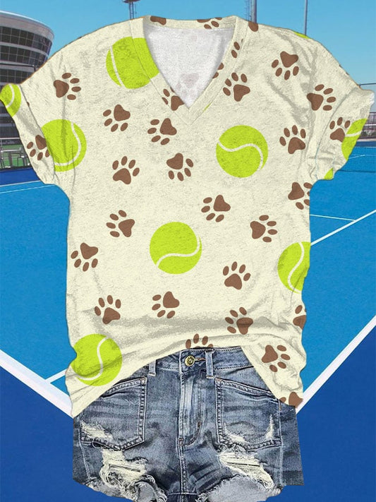 Women's Funny Tennis Tennis Lover Puppy footprints Print V-Neck T-Shirt