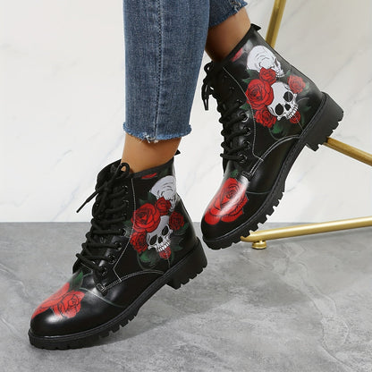Stylish and Edgy: Women's Rose Skull Print Short Boots – Comfortable Closed Toe Lace-up Ankle Boots for Fashion-forward Women