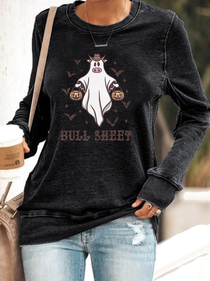 Women's Halloween Bull Sheet Funny Ghost Cows Print Sweatshirt