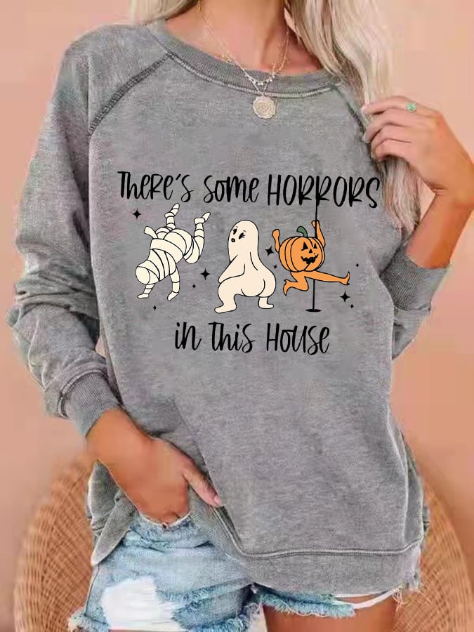 Women's Funny Halloween There's Some Horrors In This House Pumpkin Spooky Mummy Sweatshirt