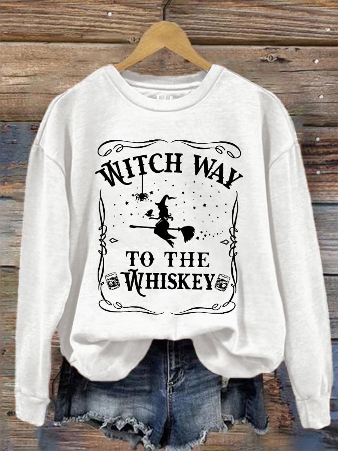 Women's Halloween Witch Way To The Whiskey Printed Sweatshirt