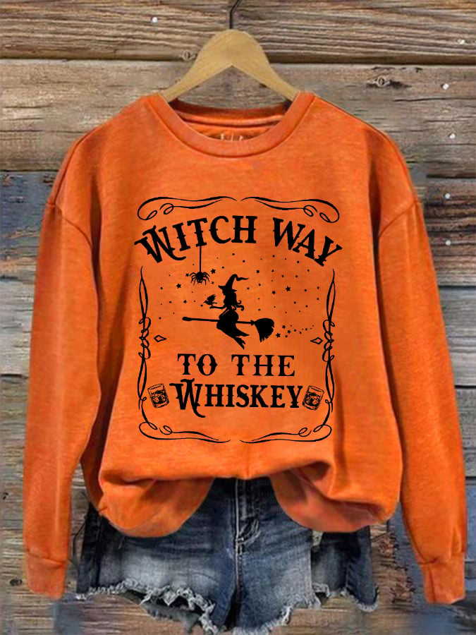 Women's Halloween Witch Way To The Whiskey Printed Sweatshirt