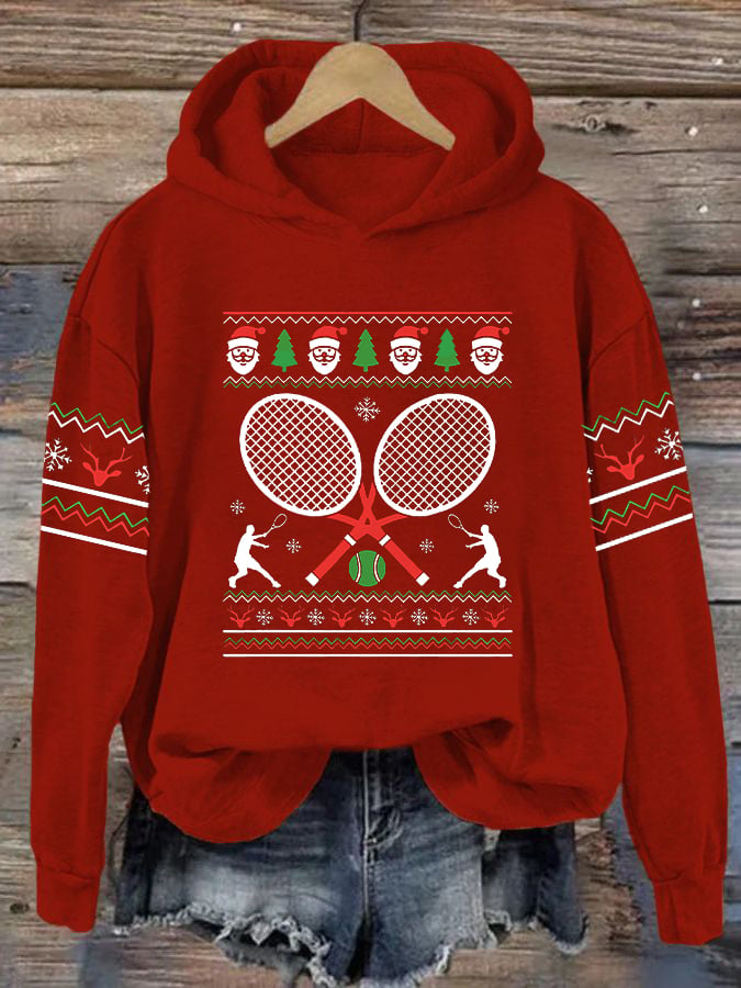 Women's Christmas Tennis Racket Print Casual Hooded Sweatshirt