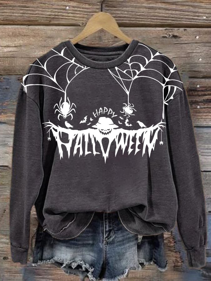 Happy Halloween Print Round Neck Sweatshirt