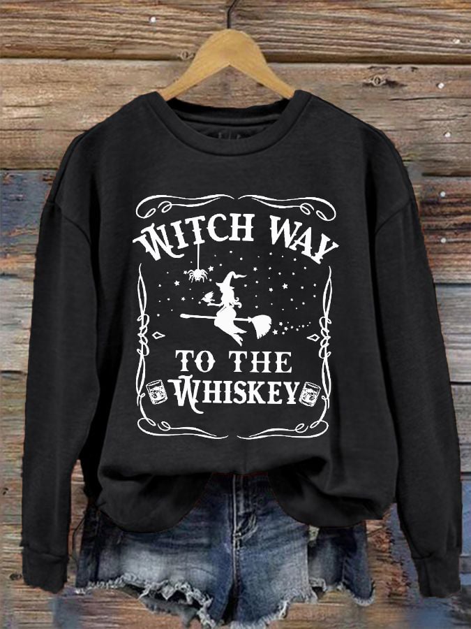 Women's Halloween Witch Way To The Whiskey Printed Sweatshirt