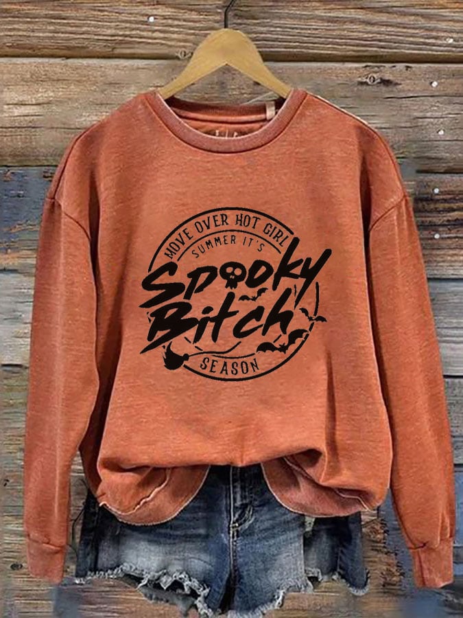 Women's Halloween Move Over Hot Girl Summer It's Spooky Bitch Season Printed Round Neck Long Sleeve Sweatshirt