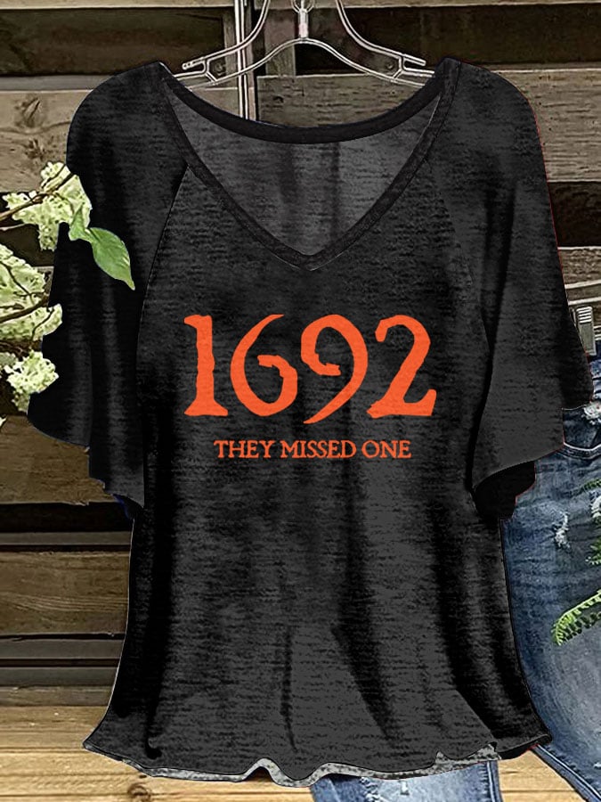 Women's Salem 1692 They Missed One Print V-Neck Ruffle Sleeve T-Shirt