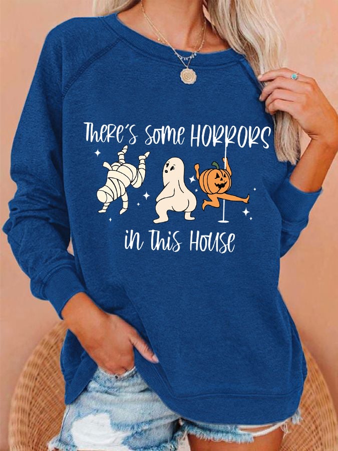 Women's Funny Halloween There's Some Horrors In This House Pumpkin Spooky Mummy Sweatshirt