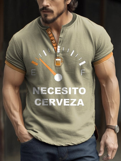 Men's Retro Contrast Oktoberfest Beer Print Henley Neck T-Shirt