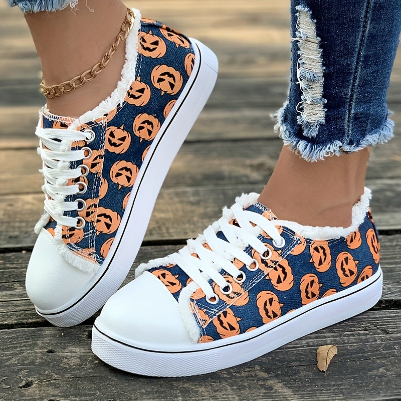 Women's Ghost Face Pumpkin Print Sneakers: Spooktacular Halloween Flat Canvas Shoes