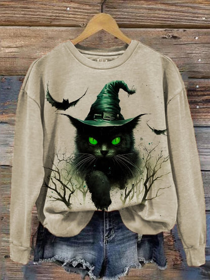 Women's Halloween Witches Cat  Print Sweatshirt