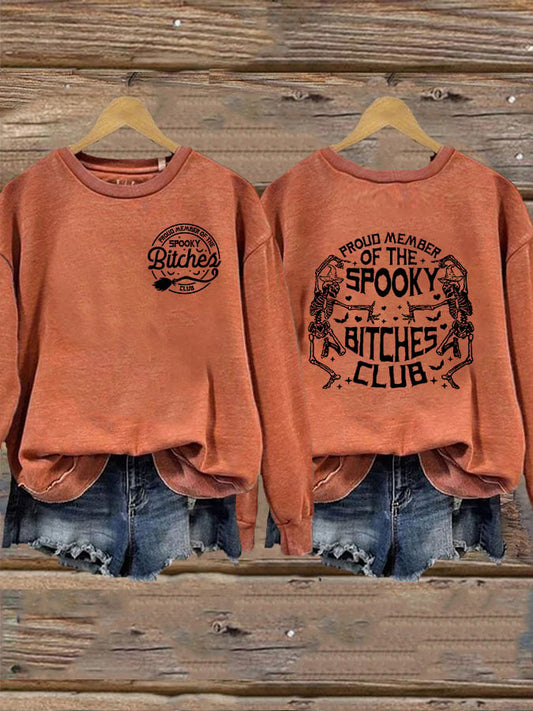 Women's Proud Member Of The Spooky Bitches Club Print Round Neck Long Sleeve Sweatshirt