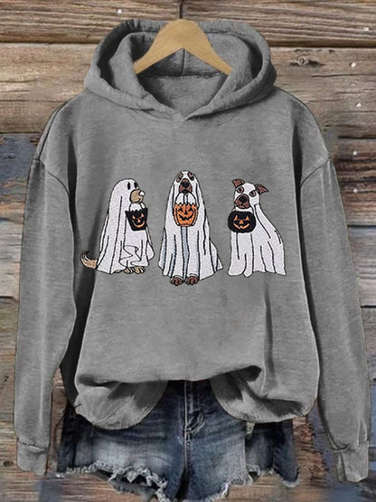 Women's Casual Embroidered Ghost Dogs Halloween Print Hoodie Long Sleeve Sweatshirt