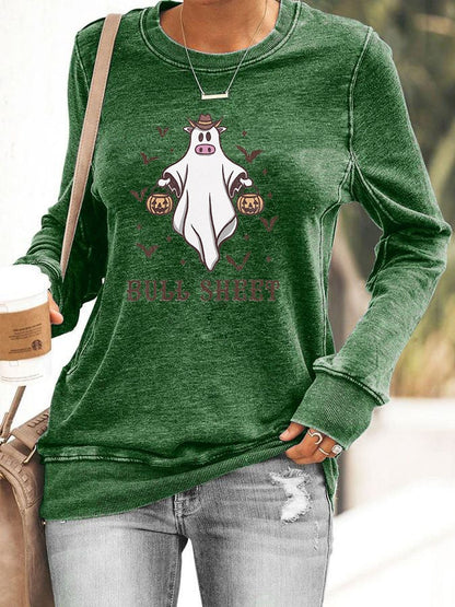 Women's Halloween Bull Sheet Funny Ghost Cows Print Sweatshirt