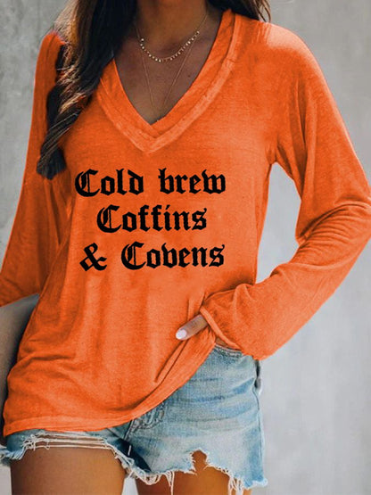 Women's Halloween Cold Brew, Coffins & Covens Printed V-neck Long Sleeve Top