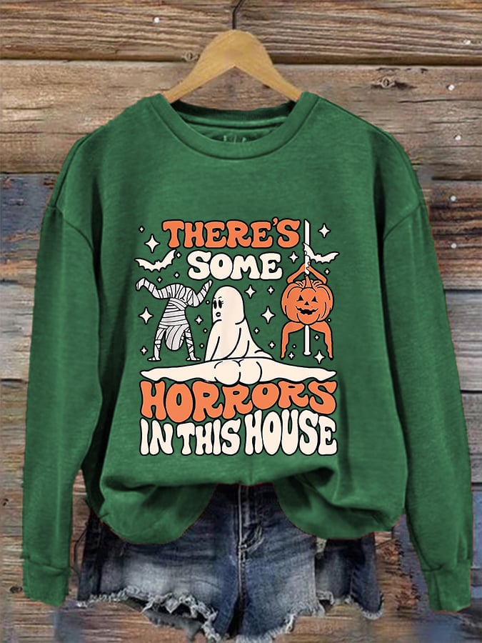 Women's Funny Halloween There's Some Horrors In This House Pumpkin Spooky Mummy Sweatshirt