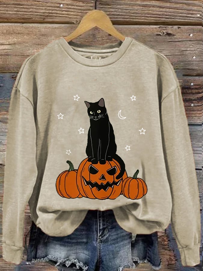 Women's Halloween Pumpkin And Cats Print Casual Sweatshirt