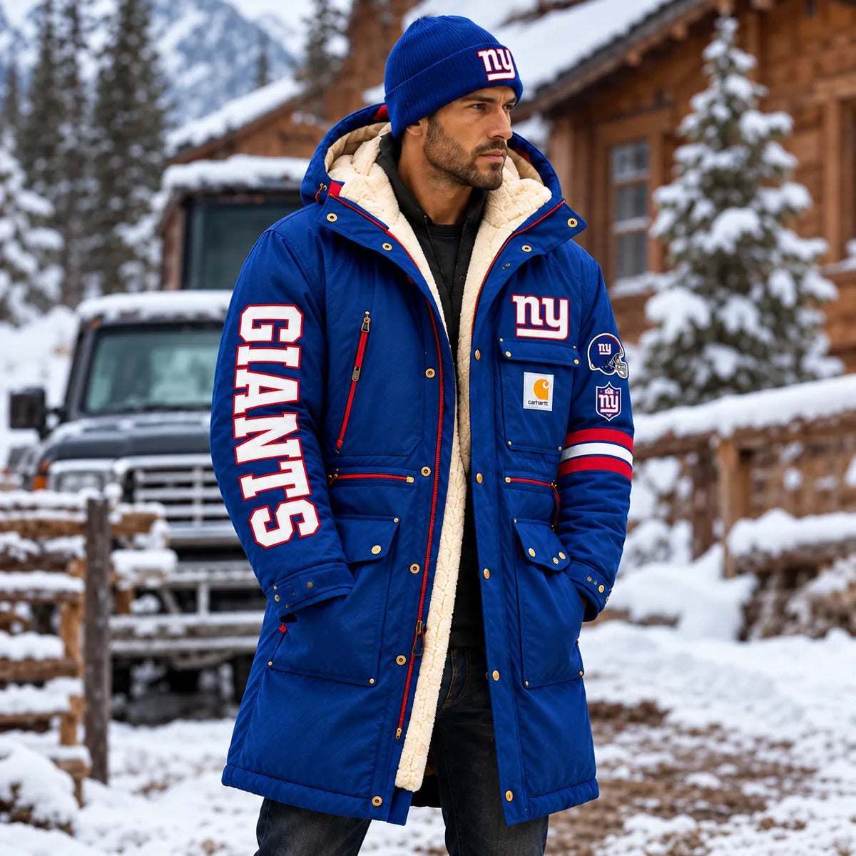 UNISEX NEW YORK GIANTS BLUE WINTER SHERPA LINED HOODED PARKA JACKET
