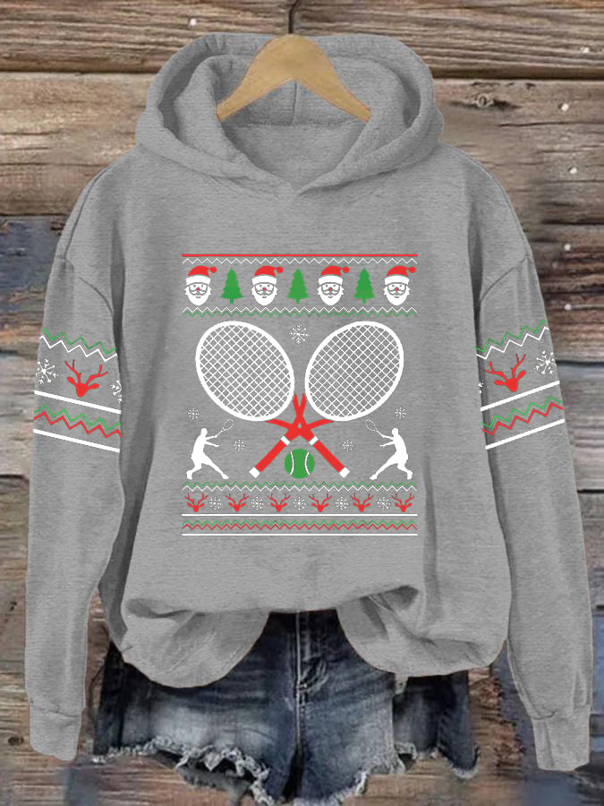Women's Christmas Tennis Racket Print Casual Hooded Sweatshirt