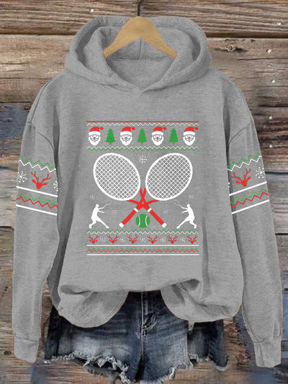 Women's Christmas Tennis Racket Print Casual Hooded Sweatshirt