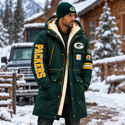 UNISEX GREEN BAY PACKERS BLACK WINTER SHERPA LINED HOODED PARKA JACKET