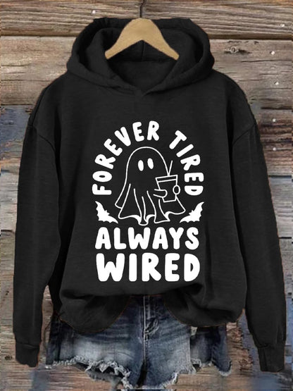 Women's Halloween Forever Tired Always Wired Spooky Boo Printed Hooded Sweatshirt