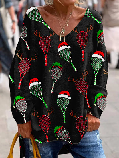 Women's Christmas Tennis Racket Printed French Cashmere V-Neck Top