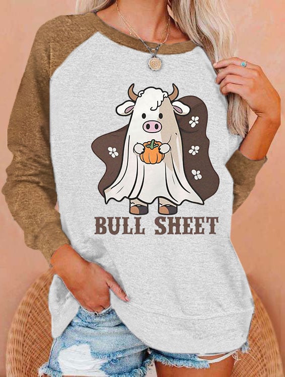 Women's Halloween Bull Sheet Funny Ghost Cows Print Sweatshirt