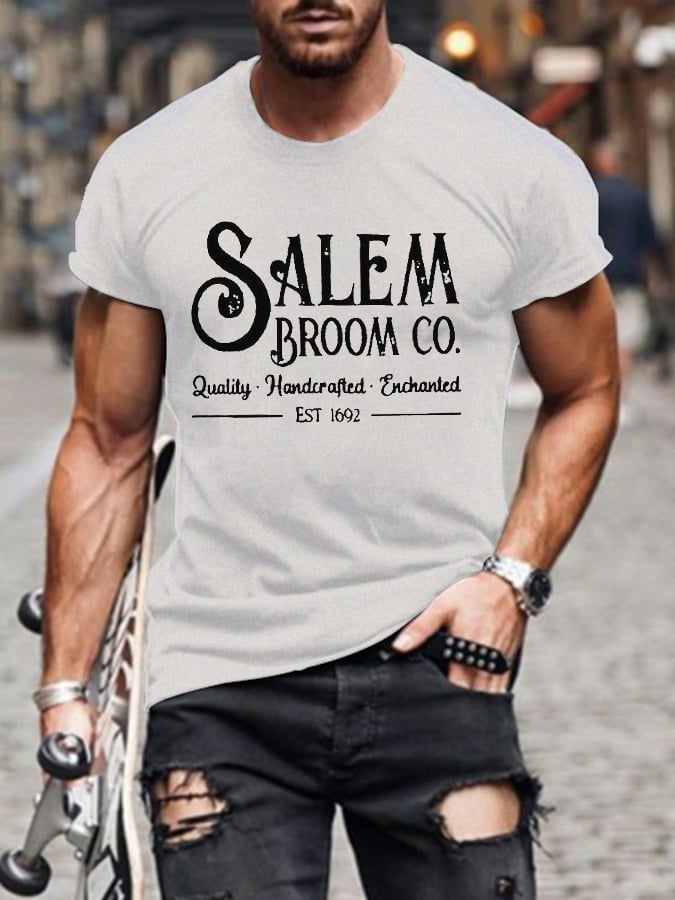 Men's Salem Broom Co Quality Handcrafted Enchanted Est 1692 Print T-Shirt