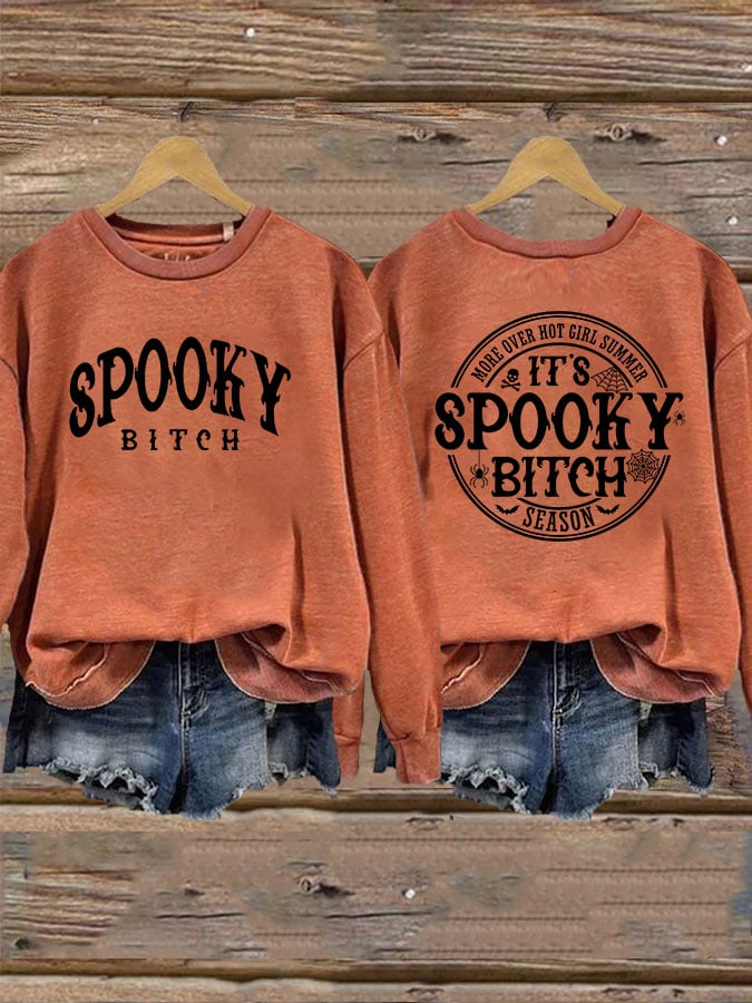 Women's Halloween Spooky Bitch Move Over Hot Girl Summer It's Spooky Bitch Season Printed Round Neck Long Sleeve Sweatshirt