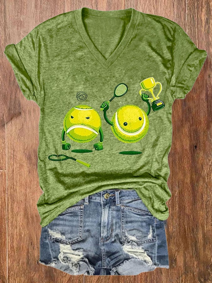 Women's Funny Tennis Print Casual V-Neck Tee